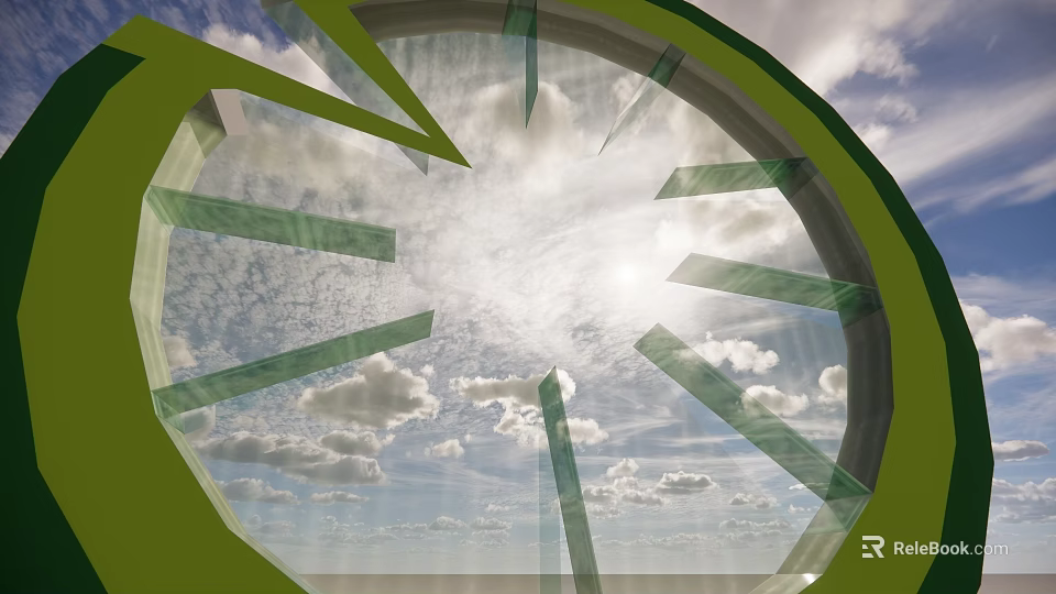 Green Circular Sculpture with Transparent Strips Against Blue Sky and Sunlight 3d model 
