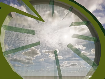 Green Circular Sculpture with Transparent Strips Against Blue Sky and Sunlight 3d model