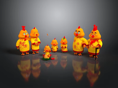 Cartoon Chick Characters in Yellow Outfits Red Combs Holding Walking Canes Gray Background Reflections 3d model