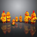 Cartoon Chick Characters in Yellow Outfits Red Combs Holding Walking Canes Gray Background Reflections