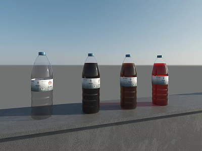 Four Beverage Bottles With Various Colors On Gray Countertop And Blue Sky Background 3d model