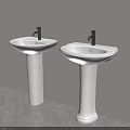 Two White Pedestal Washbasins With Black Faucets Against Light Wall And Gray Floor