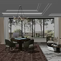 Modern Hotel Mahjong Room Interior With Chandelier Large Windows And Comfortable Chairs