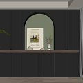 Dark Gray Bookcase with Arched Display Area Artwork Vase and Plant in Modern Stylish Interior