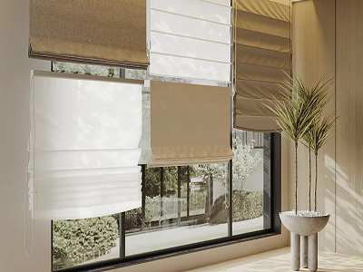 Modern Interior Window Blinds In Various Tones With Greenery View And Potted Plant 3d model