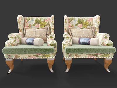 Two Single Armchairs With Floral Pattern Green Cushions And Wooden Legs 3d model