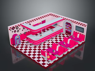 Pink Red Retro Interior Design With Checkered Floor Curved Bar and Circular Decorations 3d model