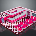 Pink Red Retro Interior Design With Checkered Floor Curved Bar and Circular Decorations