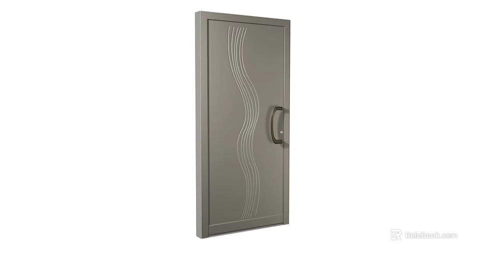 Silver Metallic Swing Door With Wave Pattern Design And Steel Handle 3d model 