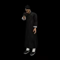 Traditional Character In Black Robe And Hat Standing Against White Background
