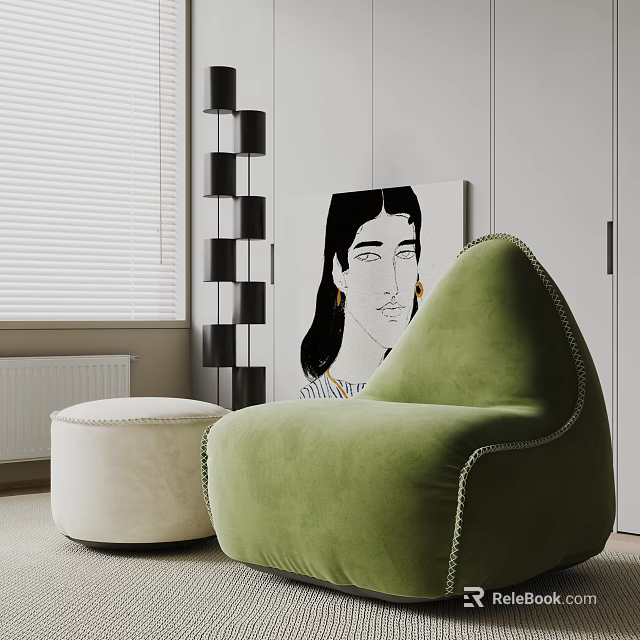 Green Bean Bag Chair with Cream Ottoman in Modern Living Room with Blinds and Painting 3d model 