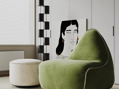 Green Bean Bag Chair with Cream Ottoman in Modern Living Room with Blinds and Painting 3d model