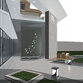 Modern Sales Office Building With Glass Curtain Wall Entrance Landscape Pathway And White Crane Sculptures