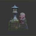 Little Monk Statue With Illuminated Lantern Small Flowers On Green Grass And Steps
