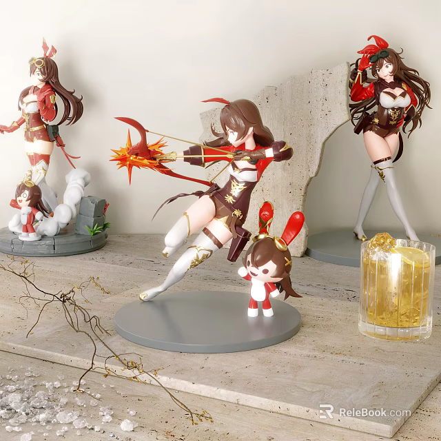 Anime Game Character Figurines Display With Multiple Poses And Decorations 3d model 