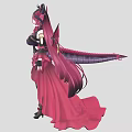 Woman with Long Red Hair Black Horns and Black Wings Wearing Black Purple Outfit with Lace Strappy Design