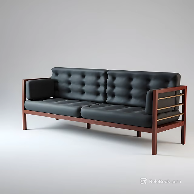 Modern Dark Leather Multi person Sofa With Tufted Backrest And Wooden Frame 3d model 