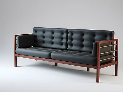 Modern Dark Leather Multi person Sofa With Tufted Backrest And Wooden Frame 3d model