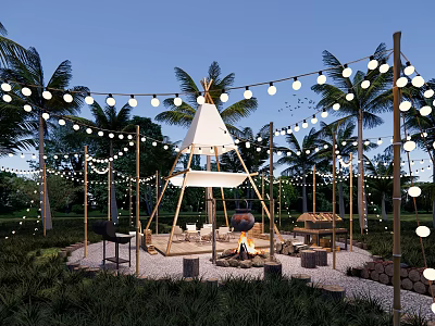 Cozy Teepee Tent Outdoor Space With Palm Trees String Lights Fire Pit And Gravel Ground 3d model
