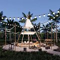 Cozy Teepee Tent Outdoor Space With Palm Trees String Lights Fire Pit And Gravel Ground