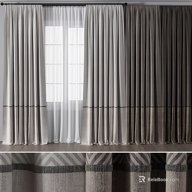 Gray Beige Textured Curtains With Sheer Panels For Elegant Window Decoration 3d model 