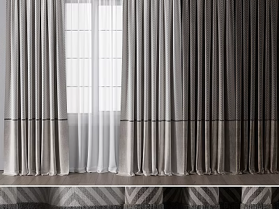 Gray Beige Textured Curtains With Sheer Panels For Elegant Window Decoration 3d model
