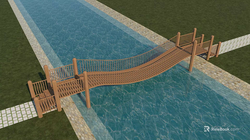 Wooden Landscape Bridge with Railings Spanning Clear Blue Water and Green Grass Stone Path 3d model 