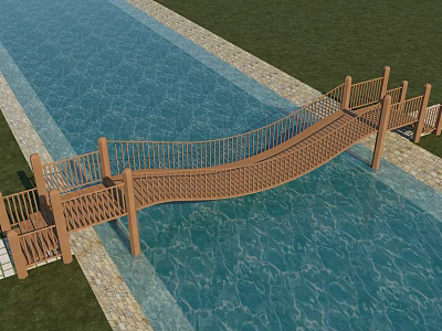 Wooden Landscape Bridge with Railings Spanning Clear Blue Water and Green Grass Stone Path 3d model