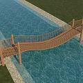 Wooden Landscape Bridge with Railings Spanning Clear Blue Water and Green Grass Stone Path