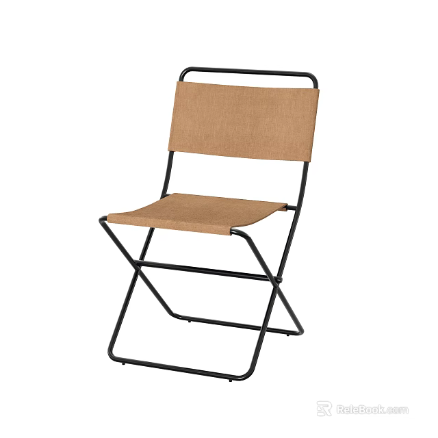 Folding Leisure Chair with Black Metal Frame and Beige Seat Backrest 3d model 