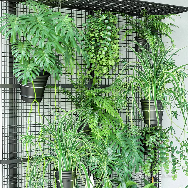 Lush Green Potted Plants On Wall Grid With Hanging Pots And Various Foliage 3d model 