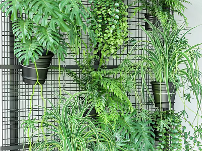 Lush Green Potted Plants On Wall Grid With Hanging Pots And Various Foliage 3d model