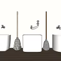 Three White Bathtub Bathroom Interior With Wall Mounted Faucet And Mop Beside Each Tub