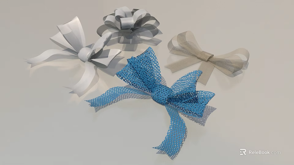Multi Colored Decorative Ornament Set With Mesh Ribbon Bows For Home Decor 3d model 