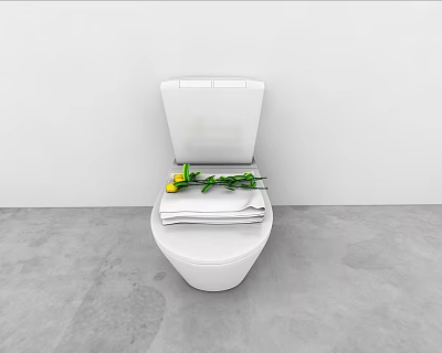 White Toilet With Open Lid Folded Towels Yellow Flowers Green Leaves in Minimalist Bathroom Setting 3d model