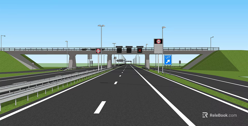 Highway Road Facilities with Overpass Traffic Lights Street Lights Road Signs and Lane Markings 3d model 
