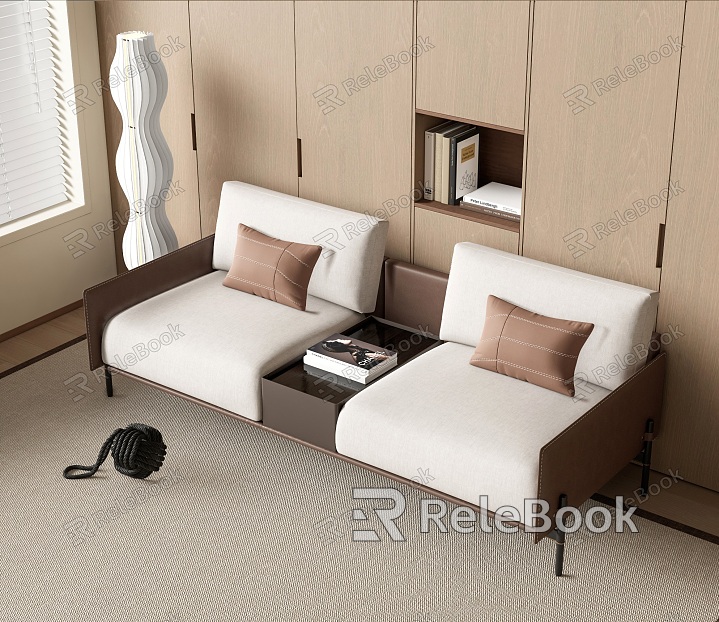 Modern Double Sofa Leather Sofa Floor Lamp Carpet Bookcase model