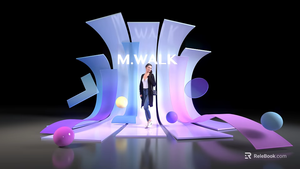 M.WALK Photo Check in Spot with Blue Pink Curved Structures and Colorful Spheres 3d model 