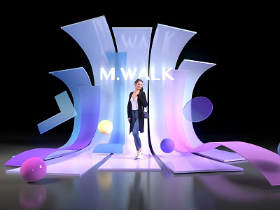 M.WALK Photo Check in Spot with Blue Pink Curved Structures and Colorful Spheres 3d model