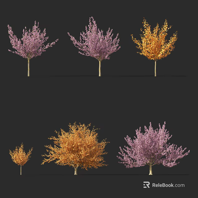 Vibrant Arbor Trees with Purple and Orange Foliage in Various Sizes 3d model 