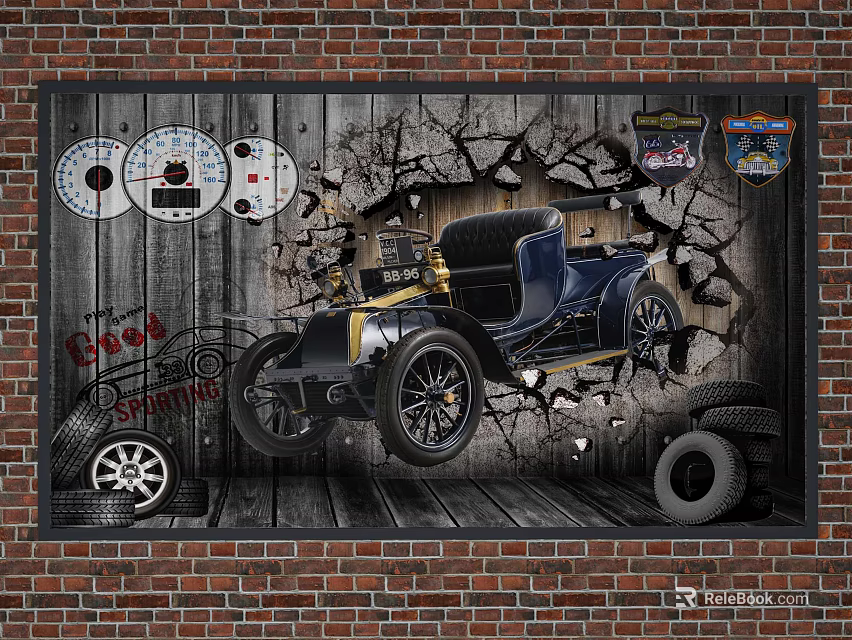 Vintage Car Themed Wall Art With Brick Background Tires Dials And Badges 3d model 
