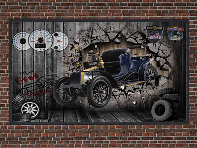 Vintage Car Themed Wall Art With Brick Background Tires Dials And Badges 3d model