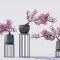 Decorative Bonsai Potted Plants With Pink Blossoms On Metal Stands