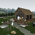 Cozy Wooden Cabin Outdoor Scene With Green Grass Swing Trees And Mountain Views