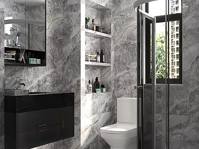 Elegant Modern Bathroom With Grey Marble Walls Built In Shelves And Complete Sanitary Facilities 3d model