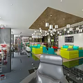 Elegant Modern Restaurant Interior With Open Layout Pendant Lights Sofa Seating And Bookshelf Decor