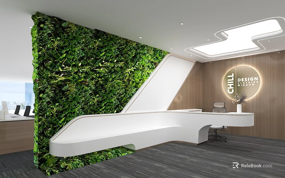 Modern Elevator Lobby Design Featuring Green Living Wall And Reception Counter 3d model 