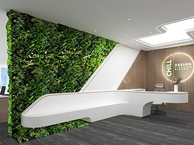 Modern Elevator Lobby Design Featuring Green Living Wall And Reception Counter 3d model
