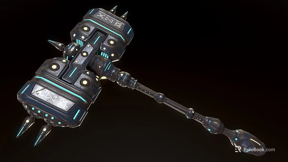 Futuristic Spiked Hammer Weapon With Blue Lights And Intricate Mechanical Design 3d model 