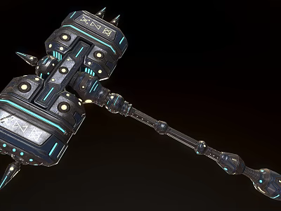 Futuristic Spiked Hammer Weapon With Blue Lights And Intricate Mechanical Design 3d model